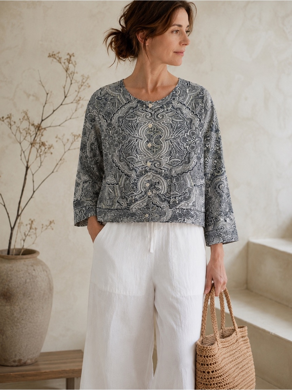 FLAX 100% Linen Paisley Cropped Button Front Top Small Lithuania Pocket
